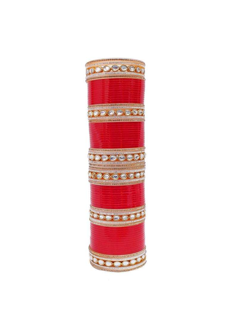 Lucky Jewellery Bridal Bangle Set Dhanteras Diwali Bhai Dooj Collection Chura Red White Kundan and Golden - Indya