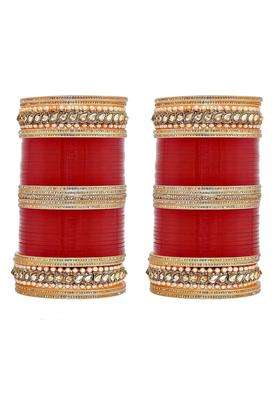 Lucky Jewellery Bridal Bangle Set Wedding Punjabi Chuda Designer Chura CZ Stone Maroon Color Choora for Women