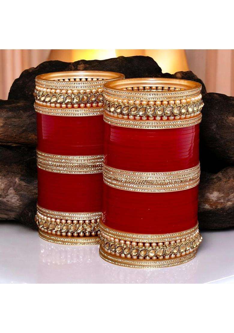 Lucky Jewellery Bridal Bangle Set Wedding Punjabi Chuda Designer Chura CZ Stone Maroon Color Choora for Women - Indya