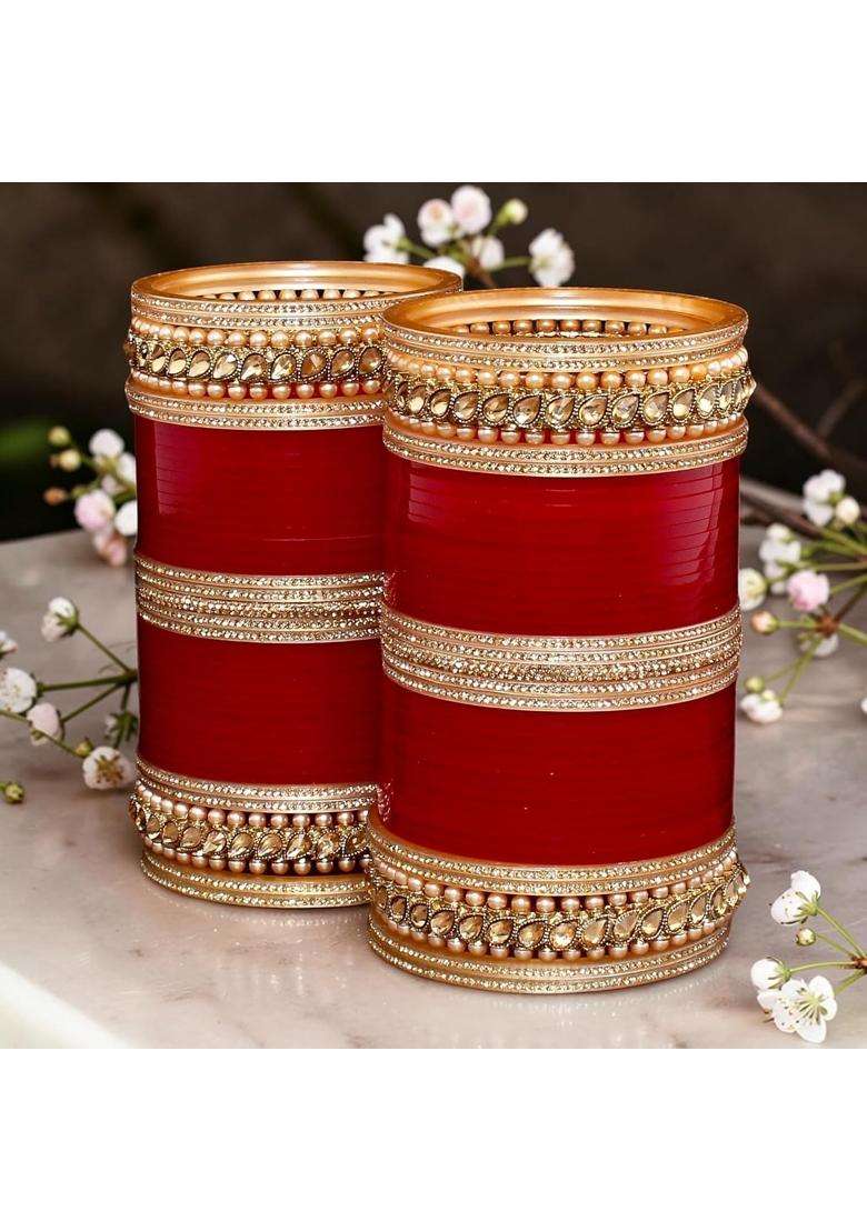 Lucky Jewellery Bridal Bangle Set Wedding Punjabi Chuda Designer Chura CZ Stone Maroon Color Choora for Women - Indya
