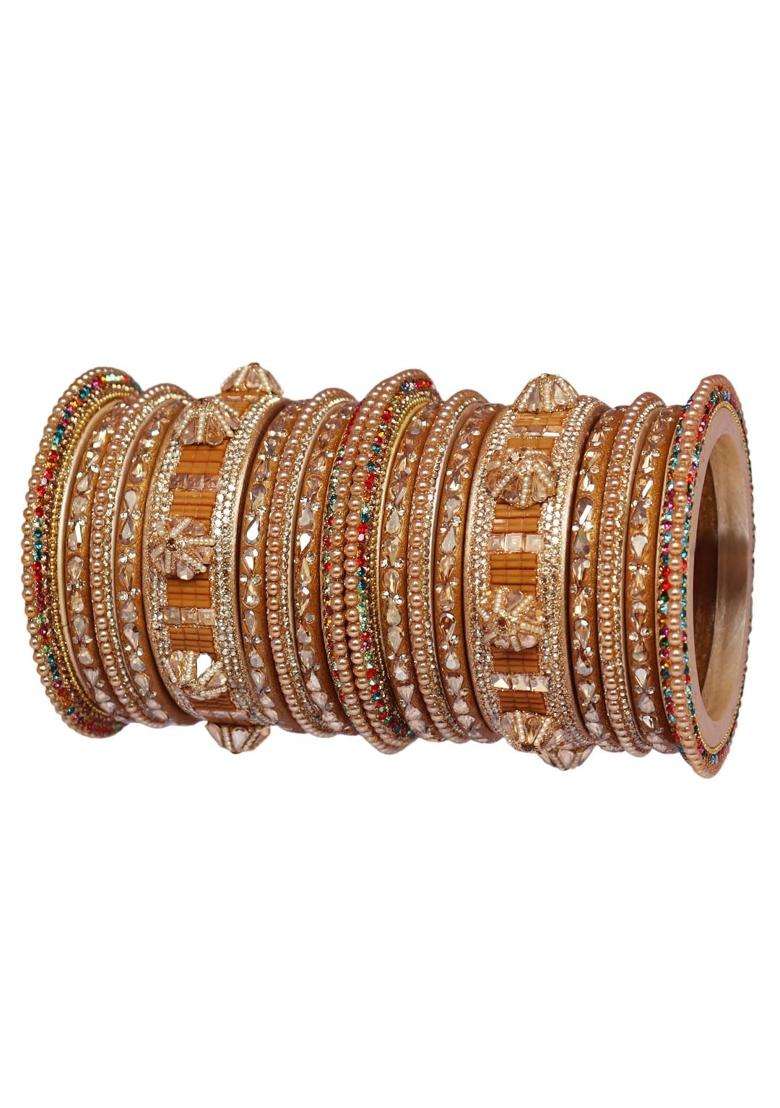 TAJ Bridal Store Golden Rajasthani Lac Bangles for Wedding Kundan Designer Set Bridal Jaipur Lakh Chura Set - Indya