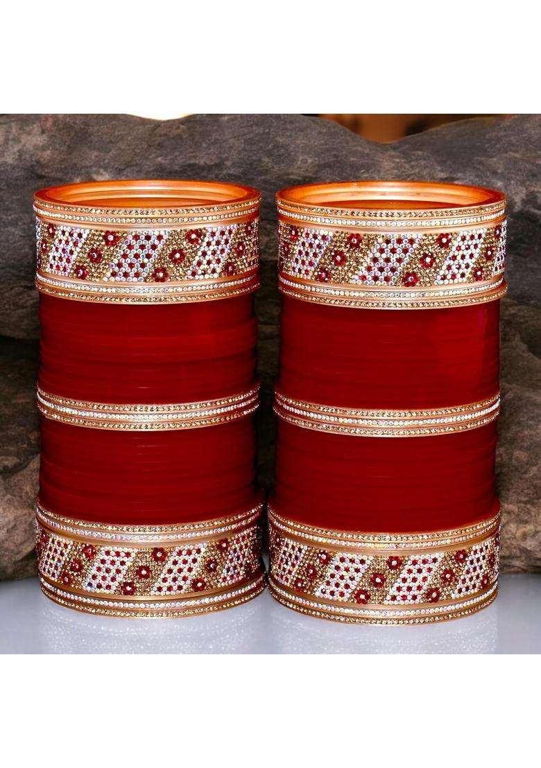 Lucky Jewellery Bridal Bangle Set Wedding Punjabi Chuda Designer Chura CZ Stone Maroon Color Choora for Women - Indya