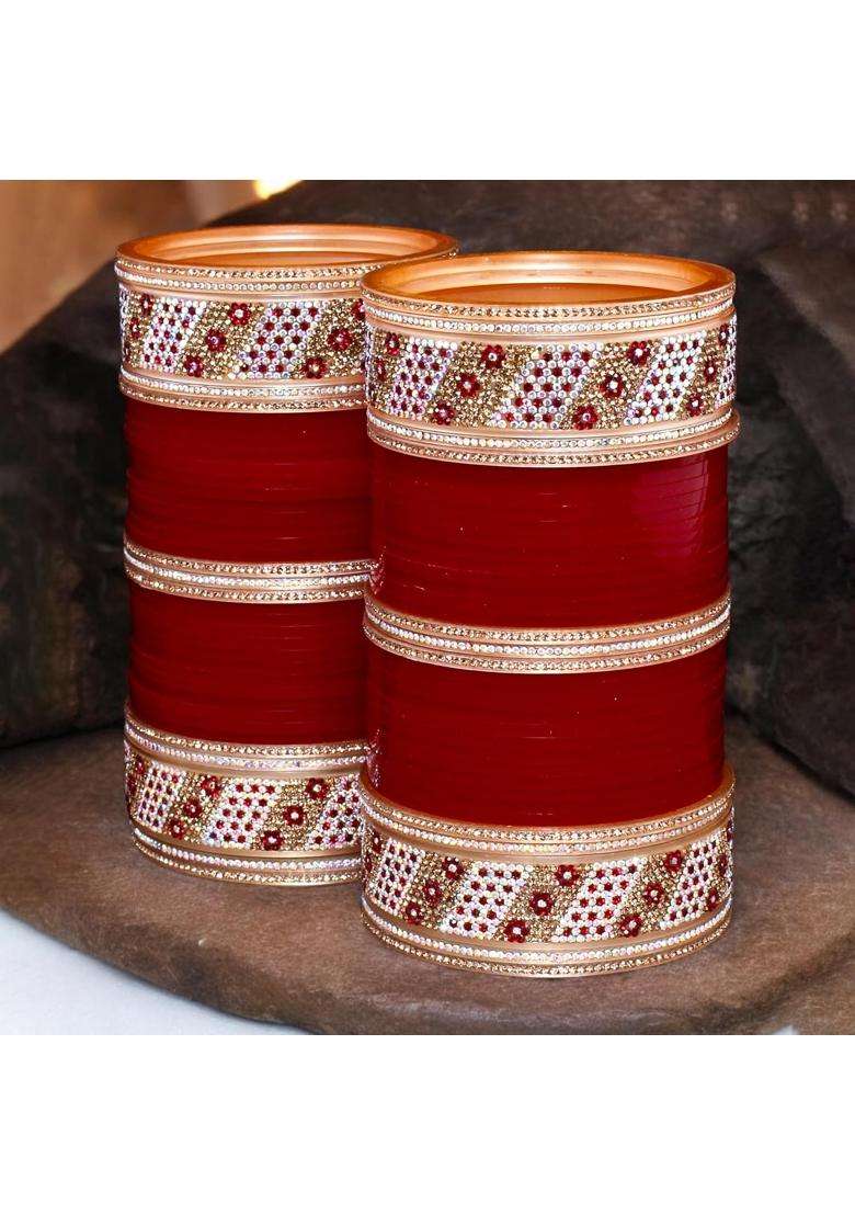 Lucky Jewellery Bridal Bangle Set Wedding Punjabi Chuda Designer Chura CZ Stone Maroon Color Choora for Women - Indya