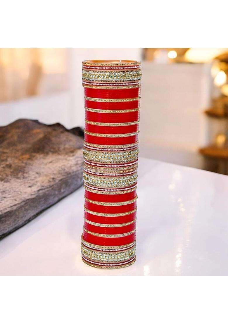 Lucky Jewellery Bridal Bangle Set Dhanteras Diwali Bhai Dooj Collection Red Designer Chura Punjabi Choora - Indya