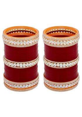 Lucky Jewellery Bridal Bangle Set Wedding Punjabi Chuda Solitair Designer Chura CZ Stone Maroon Color Choora