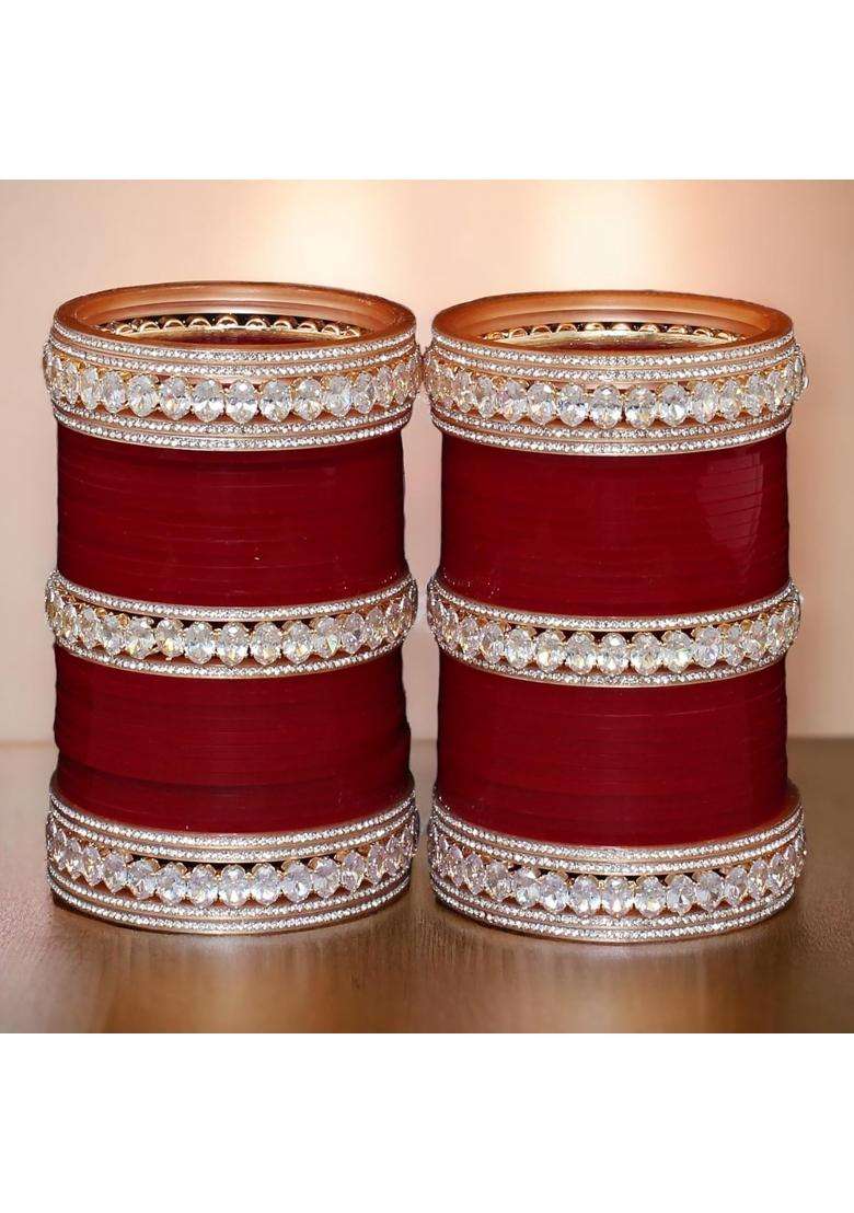 Lucky Jewellery Bridal Bangle Set Wedding Punjabi Chuda Solitair Designer Chura CZ Stone Maroon Color Choora - Indya
