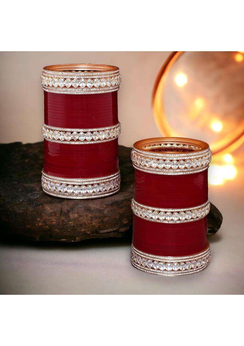 Lucky Jewellery Bridal Bangle Set Wedding Punjabi Chuda Solitair Designer Chura CZ Stone Maroon Color Choora - Indya