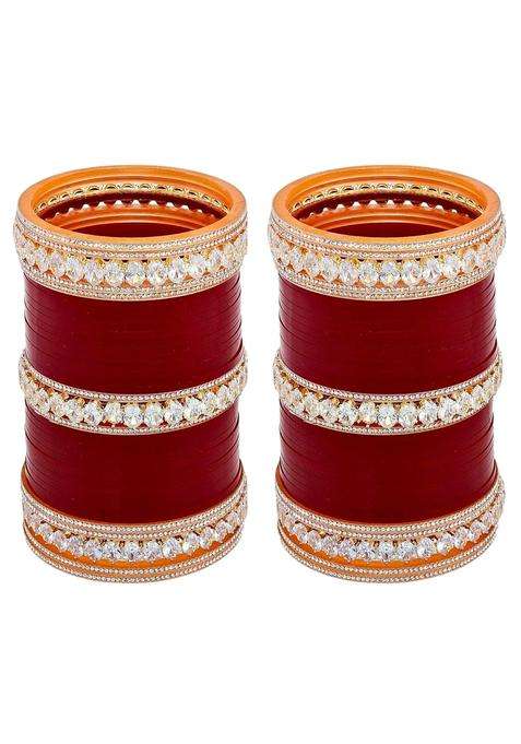 Lucky Jewellery Bridal Bangle Set Wedding Punjabi Chuda Solitair Designer Chura CZ Stone Maroon Color Choora