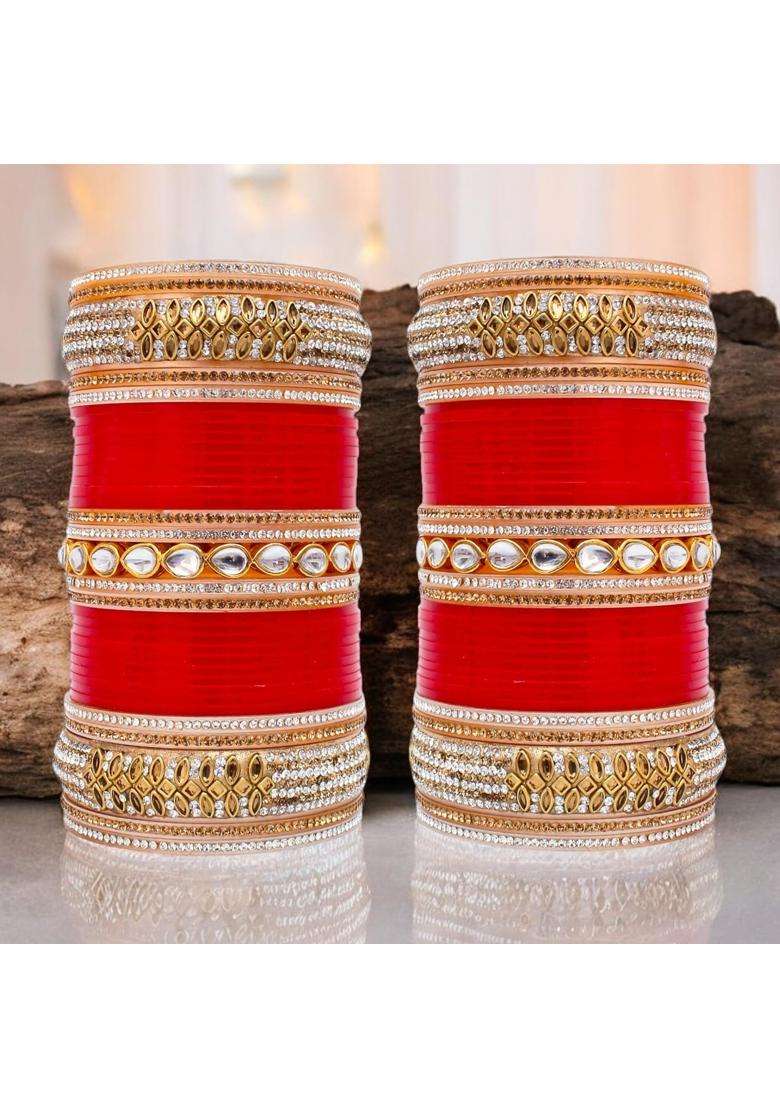Lucky Jewellery Bridal Bangle Set Dhanteras Diwali Bhai Dooj Collection Red Designer White Kundan and Golden - Indya