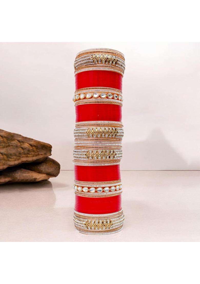 Lucky Jewellery Bridal Bangle Set Dhanteras Diwali Bhai Dooj Collection Red Designer White Kundan and Golden - Indya