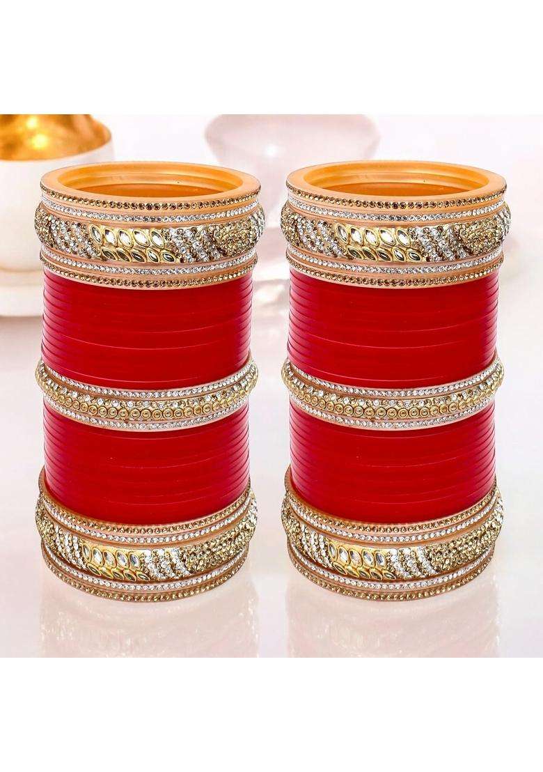 Lucky Jewellery Bridal Bangle Set Dhanteras Diwali Bhai Dooj Collection Red Dulhan Golden and White Stone - Indya