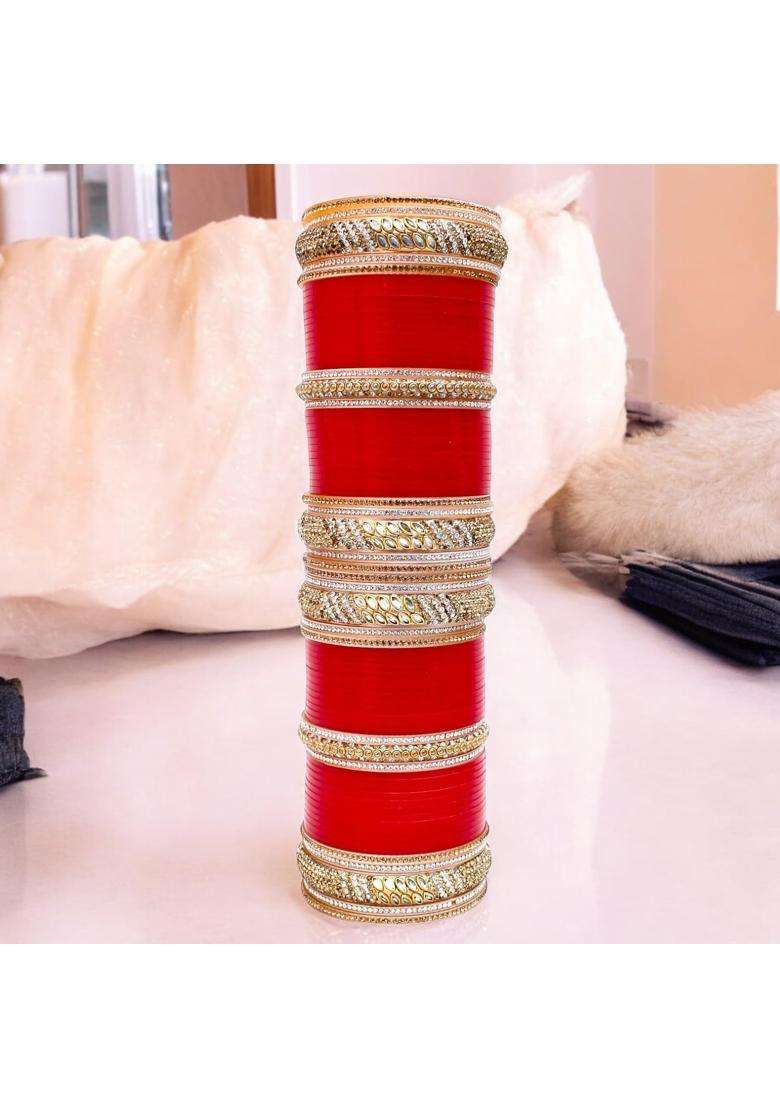 Lucky Jewellery Bridal Bangle Set Dhanteras Diwali Bhai Dooj Collection Red Dulhan Golden and White Stone - Indya