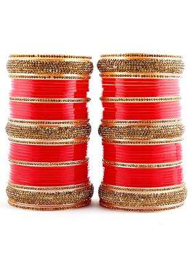 Lucky Jewellery Bridal Bangle Set Dhanteras Diwali Bhai Dooj Collection Red Golden Stone Chura Designer