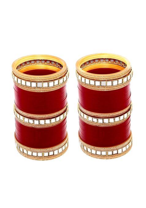 Lucky Jewellery Bridal Bangle Set Wedding Punjabi Chuda Mirror Work Designer Chura CZ Stone Maroon Color