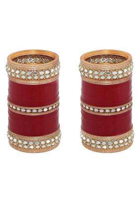 Lucky Jewellery Bridal Bangle Set Wedding Punjabi Chuda Pearl with Mirror Work Designer Chura CZ Stone Maroon
