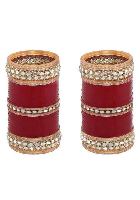 Lucky Jewellery Bridal Bangle Set Wedding Punjabi Chuda Pearl with Mirror Work Designer Chura CZ Stone Maroon