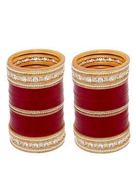 Lucky Jewellery Bridal Bangle Set Wedding Punjabi Chuda Solitair with Pearl Designer Chura CZ Stone Maroon