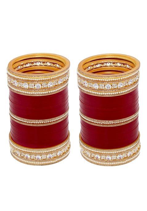 Lucky Jewellery Bridal Bangle Set Wedding Punjabi Chuda Solitair with Pearl Designer Chura CZ Stone Maroon