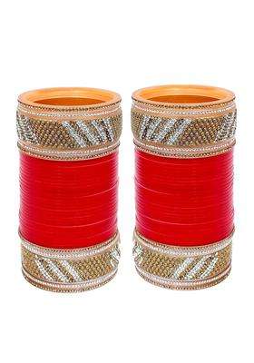 Lucky Jewellery Bridal Bangle Set Dhanteras Diwali Bhai Dooj Collection Red Golden and White Stone Chura