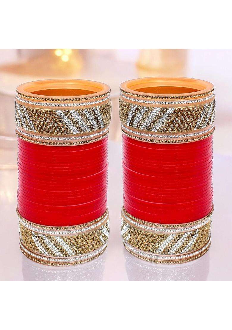 Lucky Jewellery Bridal Bangle Set Dhanteras Diwali Bhai Dooj Collection Red Golden and White Stone Chura - Indya