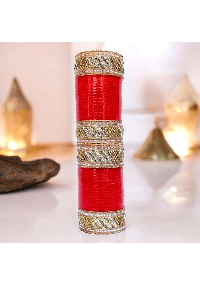 Lucky Jewellery Bridal Bangle Set Dhanteras Diwali Bhai Dooj Collection Red Golden and White Stone Chura - Indya
