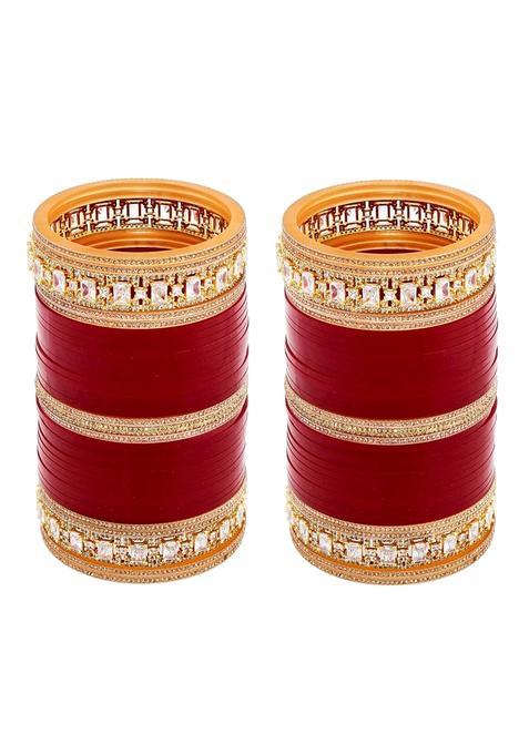 Lucky Jewellery Bridal Bangle Set Wedding Punjabi Chuda Solitair Designer Chura CZ Stone Maroon Color Choora