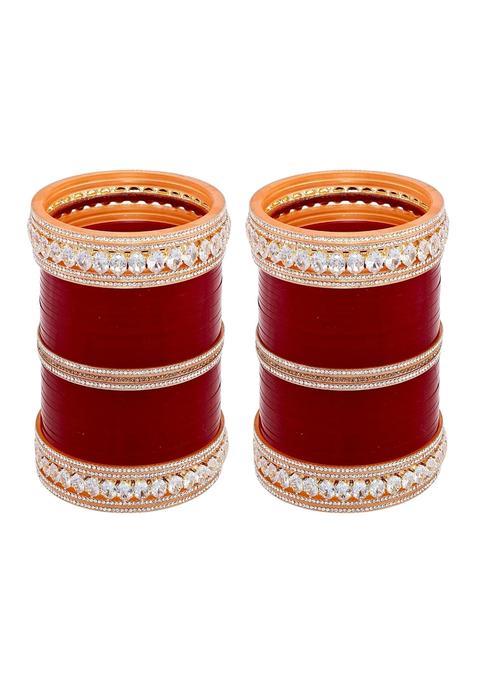 Lucky Jewellery Bridal Bangle Set Wedding Punjabi Chuda Solitair Designer Chura CZ Stone Maroon Color Choora