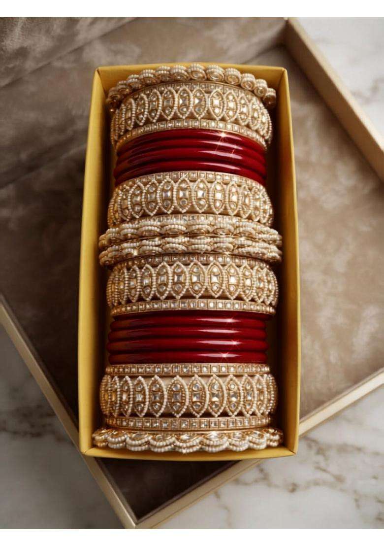Bridal Chura Bangle Set Red and Gold with Kundan Work 2 Point 4 - Indya