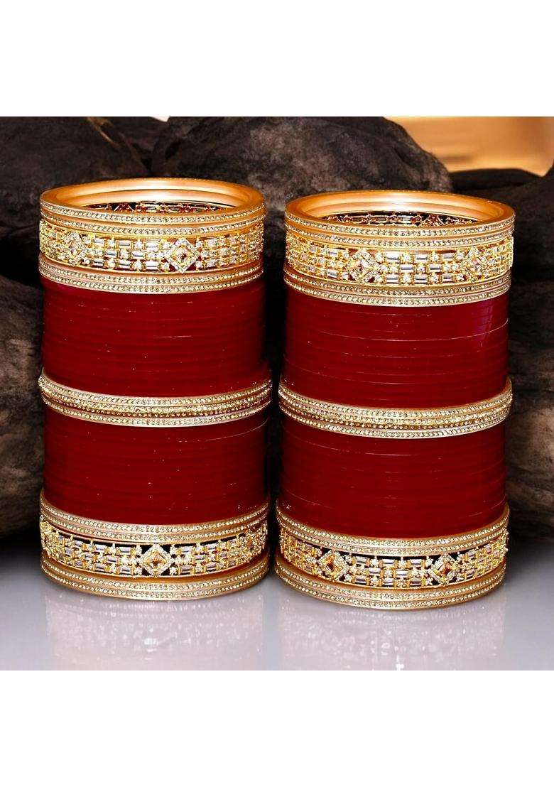 Lucky Jewellery Bridal Bangle Set Wedding Punjabi Chuda Solitair Designer Chura CZ Stone Red Color Fashion - Indya