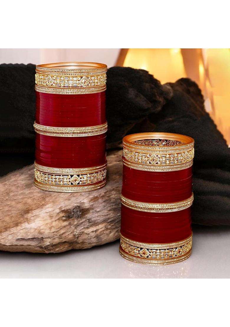 Lucky Jewellery Bridal Bangle Set Wedding Punjabi Chuda Solitair Designer Chura CZ Stone Red Color Fashion - Indya