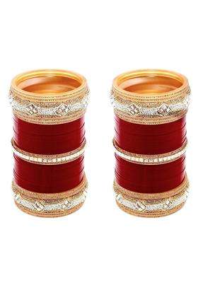Lucky Jewellery Bridal Bangle Set Wedding Punjabi Chuda Kundan Designer Chura CZ Stone Maroon Color Choora