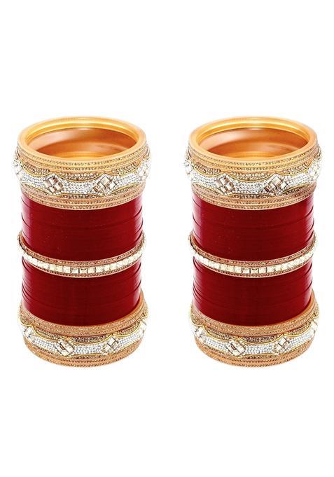 Lucky Jewellery Bridal Bangle Set Wedding Punjabi Chuda Kundan Designer Chura CZ Stone Maroon Color Choora