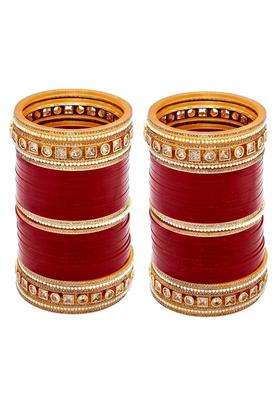Lucky Jewellery Bridal Bangle Set Wedding Punjabi Chuda Solitair with Pearl Designer Chura CZ Stone Maroon