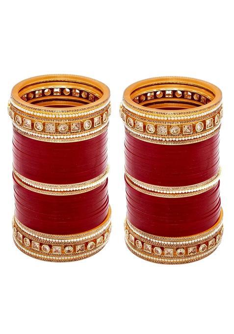 Lucky Jewellery Bridal Bangle Set Wedding Punjabi Chuda Solitair with Pearl Designer Chura CZ Stone Maroon