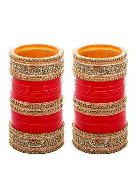 Lucky Jewellery Bridal Bangle Set Punjabi Tradional Chura Designer Golden White and Red Stone Choora Wedding