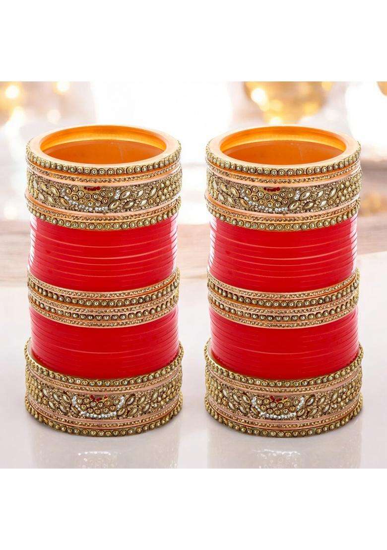 Lucky Jewellery Bridal Bangle Set Punjabi Tradional Chura Designer Golden White and Red Stone Choora Wedding - Indya