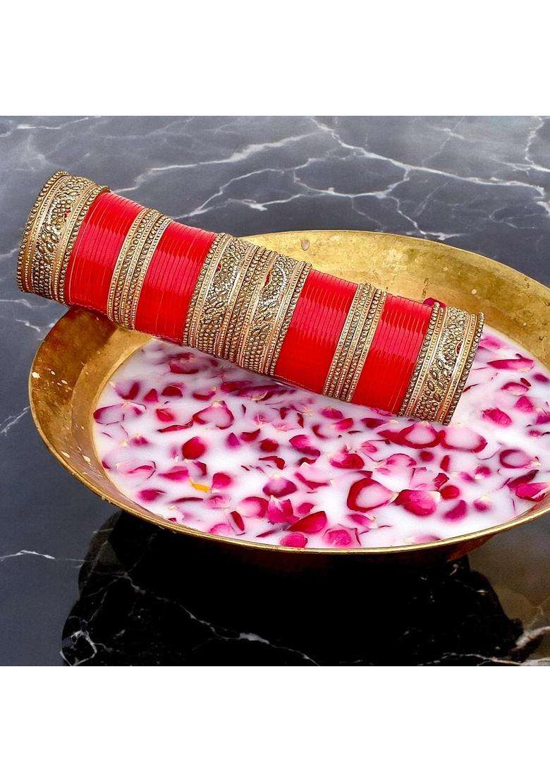 Lucky Jewellery Bridal Bangle Set Punjabi Tradional Chura Designer Golden White and Red Stone Choora Wedding - Indya