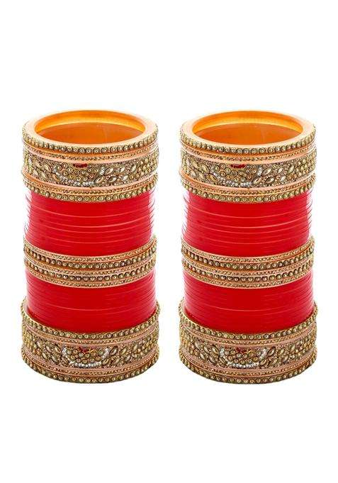 Lucky Jewellery Bridal Bangle Set Punjabi Tradional Chura Designer Golden White and Red Stone Choora Wedding