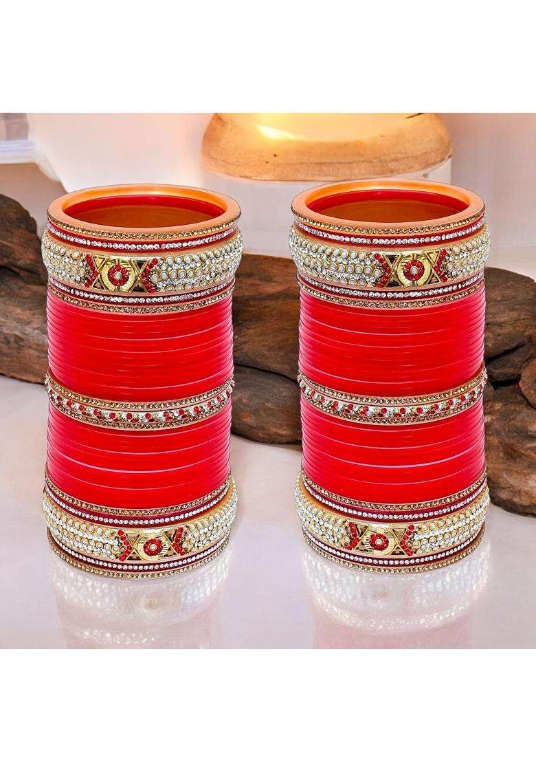 Lucky Jewellery Bridal Bangle Set Dhanteras Diwali Bhai Dooj Collection Designer Red Color Punjabi Choora - Indya