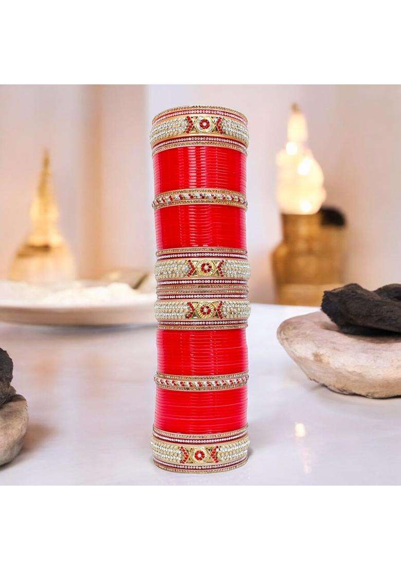 Lucky Jewellery Bridal Bangle Set Dhanteras Diwali Bhai Dooj Collection Designer Red Color Punjabi Choora - Indya