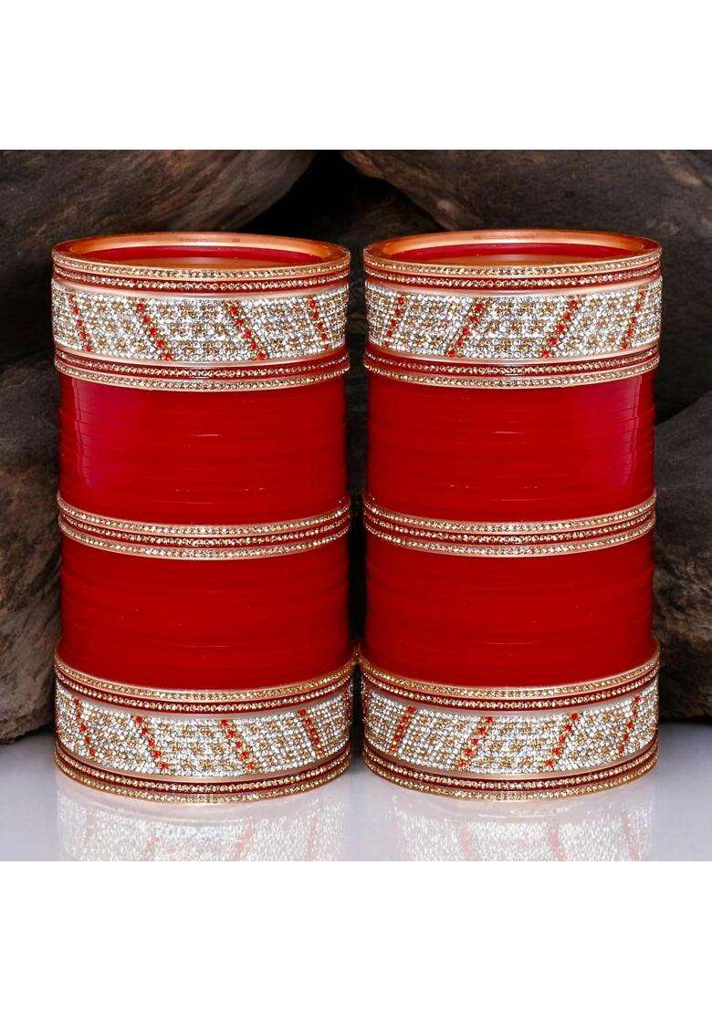 Lucky Jewellery Bridal Bangle Set Wedding Punjabi Chuda Designer Chura CZ Stone Red Color Choora for Women - Indya