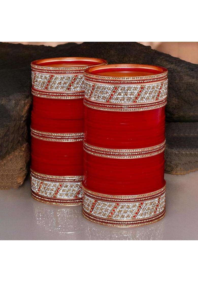 Lucky Jewellery Bridal Bangle Set Wedding Punjabi Chuda Designer Chura CZ Stone Red Color Choora for Women - Indya
