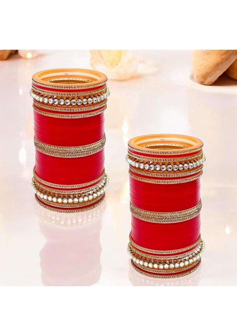 Lucky Jewellery Bridal Bangle Set Dhanteras Diwali Bhai Dooj Collection Red Designer White Kundan and Golden - Indya