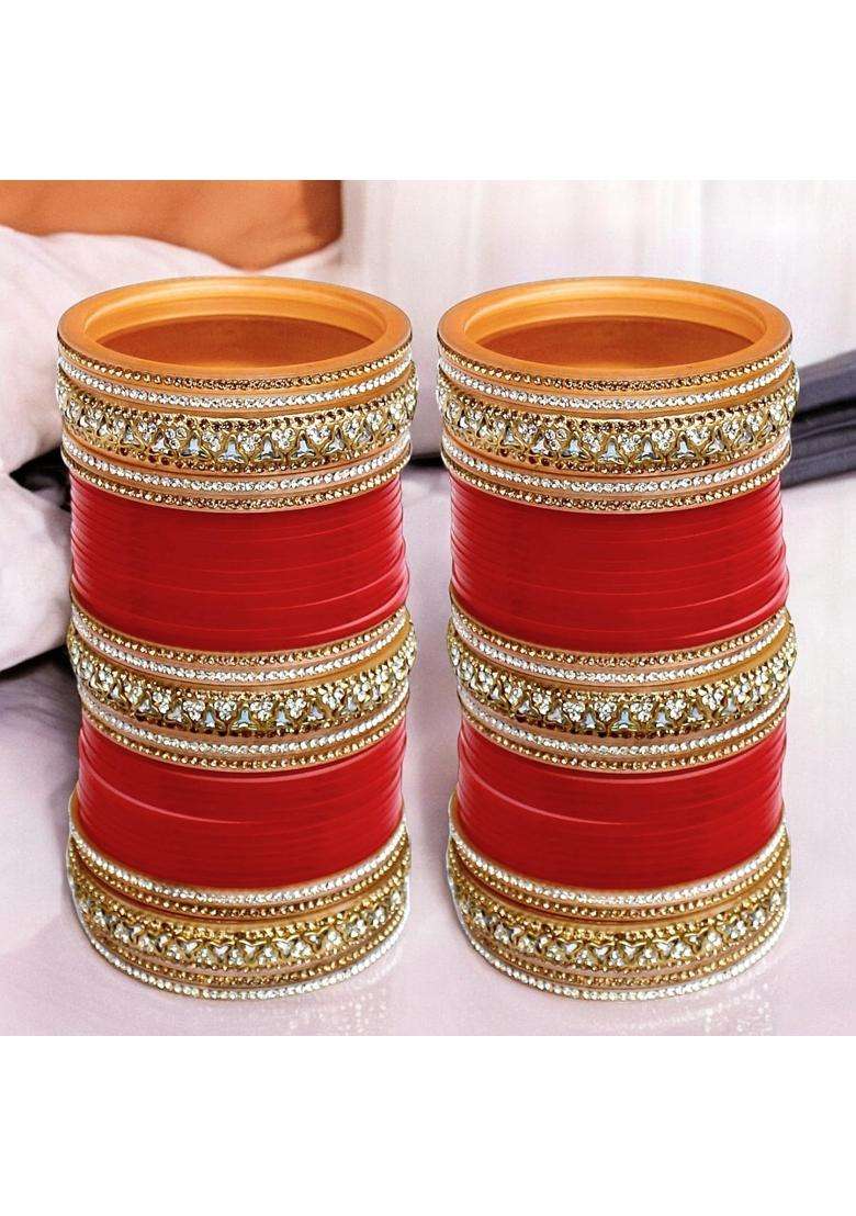 Lucky Jewellery Bridal Bangle Set Dhanteras Diwali Bhai Dooj Collection Red Designer Chura Wedding Punjabi - Indya