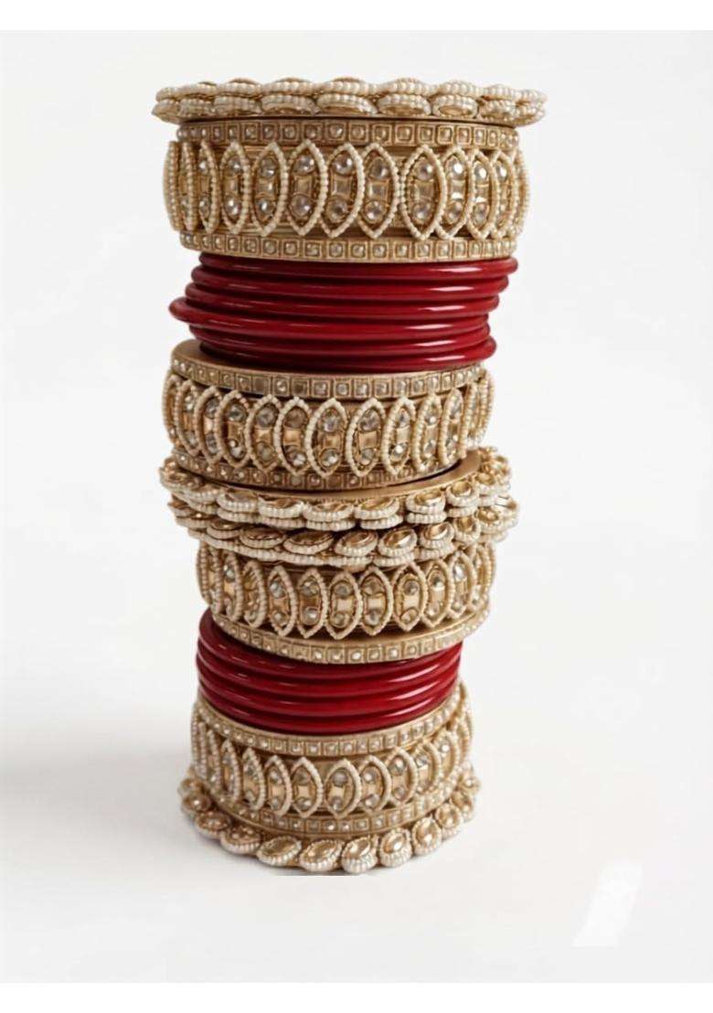 Bridal Chura Bangle Set Red and Gold with Kundan Work 2 Point 6 - Indya