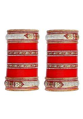Lucky Jewellery Bridal Bangle Set Dhanteras Diwali Bhai Dooj Collection Red Dulhan Golden Stone Chura Designer