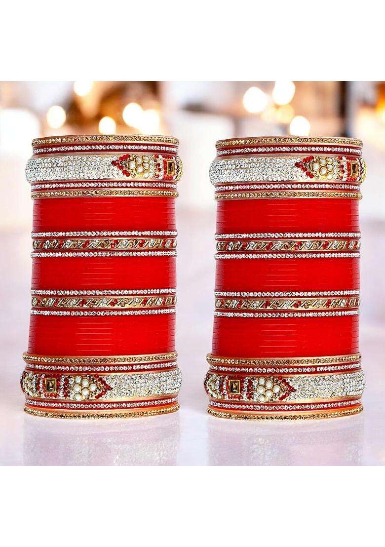 Lucky Jewellery Bridal Bangle Set Dhanteras Diwali Bhai Dooj Collection Red Dulhan Golden Stone Chura Designer - Indya