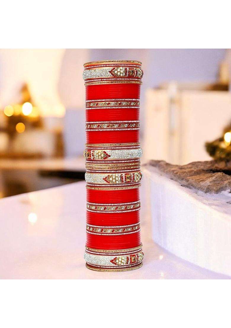 Lucky Jewellery Bridal Bangle Set Dhanteras Diwali Bhai Dooj Collection Red Dulhan Golden Stone Chura Designer - Indya