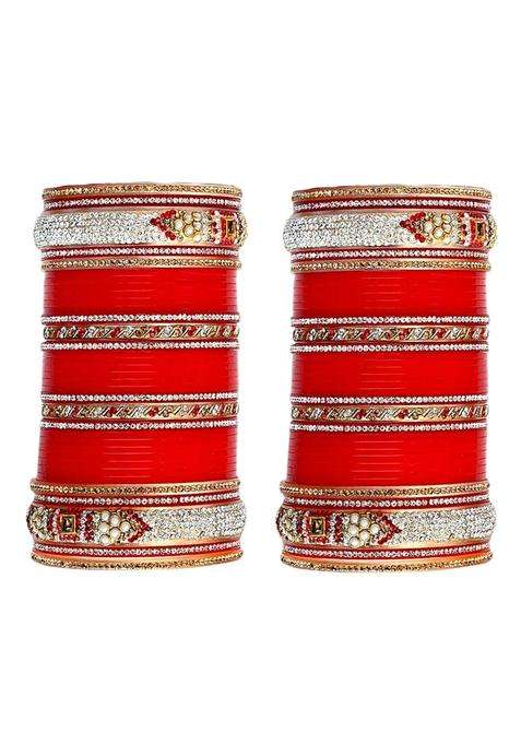 Lucky Jewellery Bridal Bangle Set Dhanteras Diwali Bhai Dooj Collection Red Dulhan Golden Stone Chura Designer