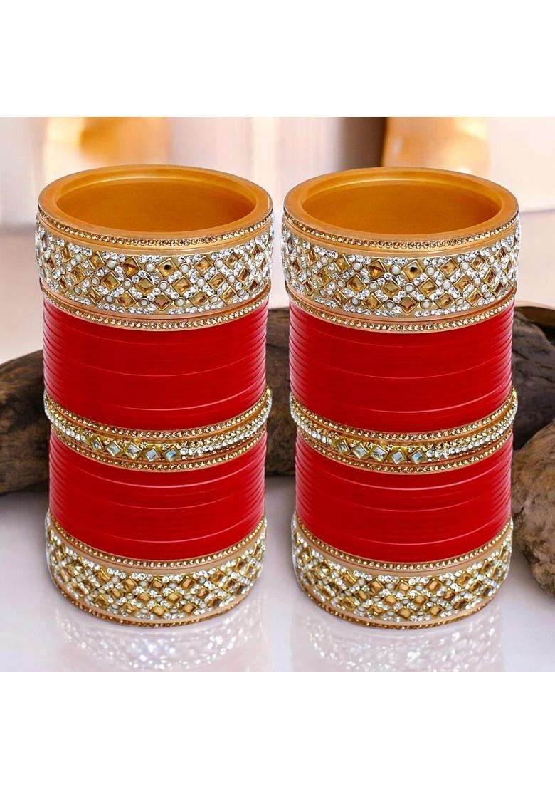Lucky Jewellery Bridal Bangle Set Dhanteras Diwali Bhai Dooj Collection Red Designer Chura Dulhan Wedding - Indya